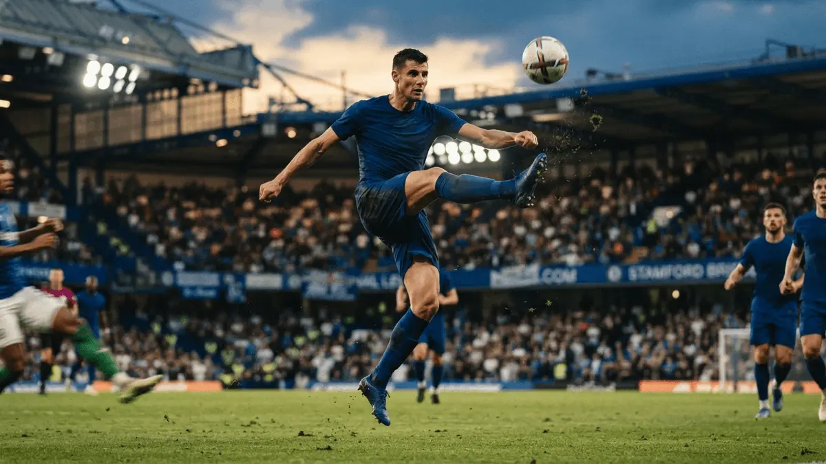 Chelsea defender making commanding clearance at Stamford Bridge in Premier League match
