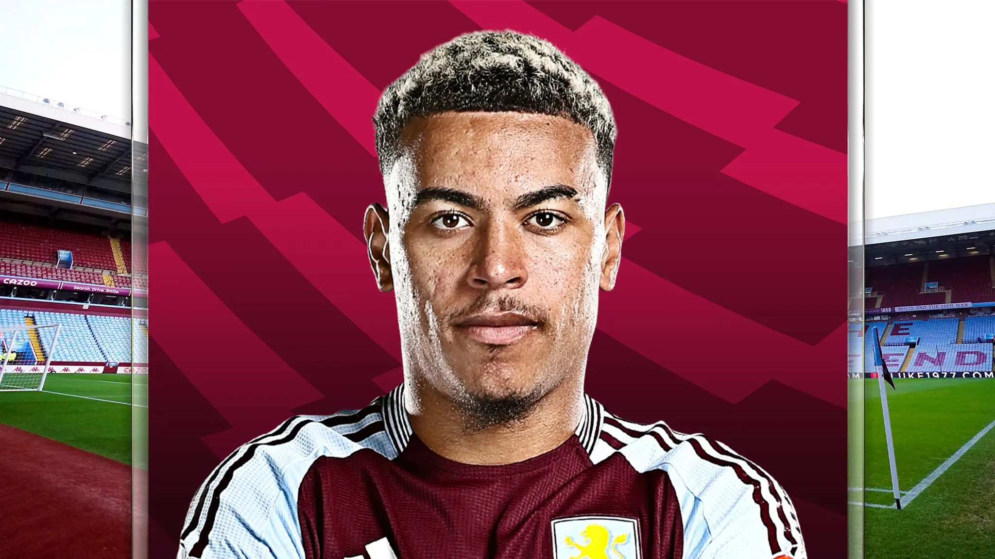 Portrait of Morgan Rogers wearing an Aston Villa football kit against a claret background