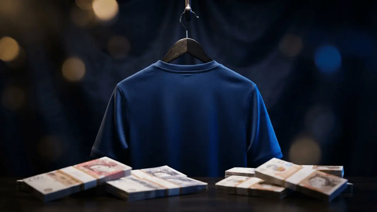 Chelsea jersey with British currency symbolizing record £117m Morgan Rogers transfer deal