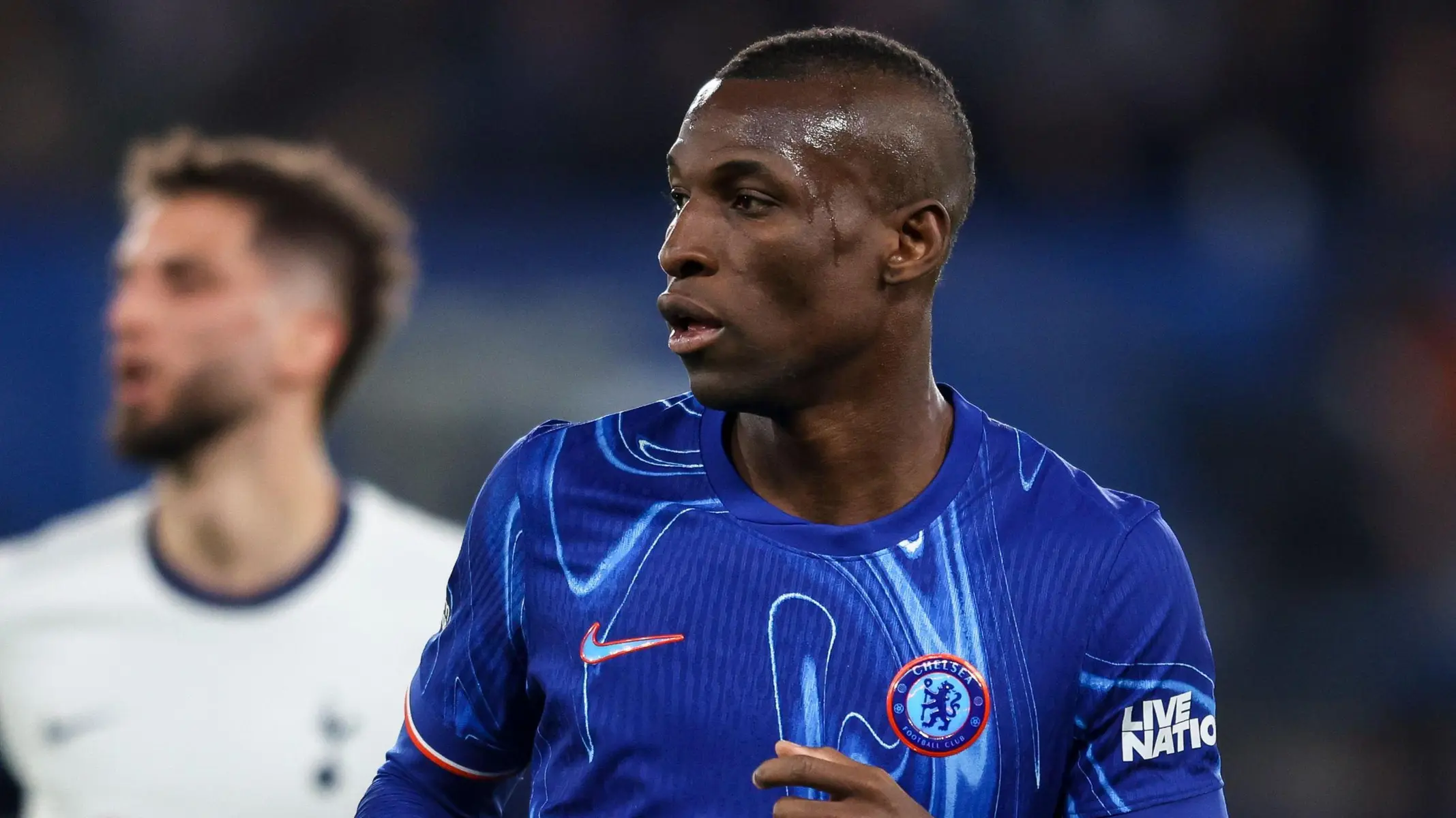 Nicolas Jackson wearing a blue Chelsea FC home kit during a match