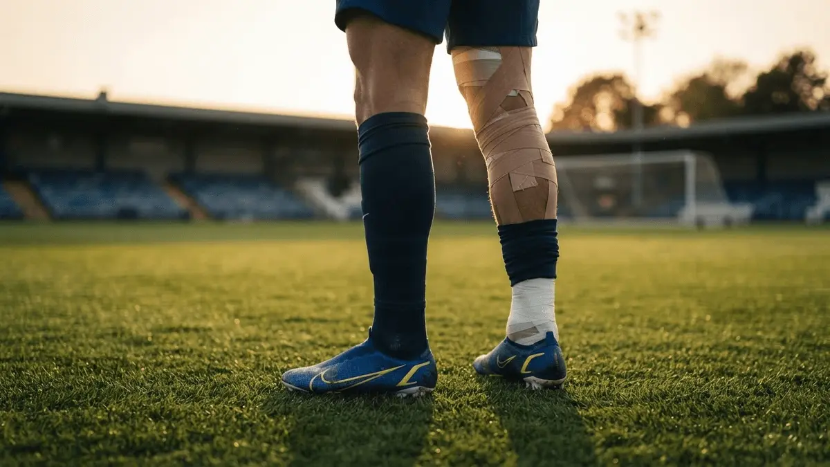 Chelsea footballer with medical tape on leg standing on stadium pitch, representing injury concerns