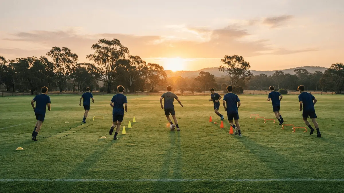 Chelsea youth players training on Australian pitch at sunrise during pre-season tour