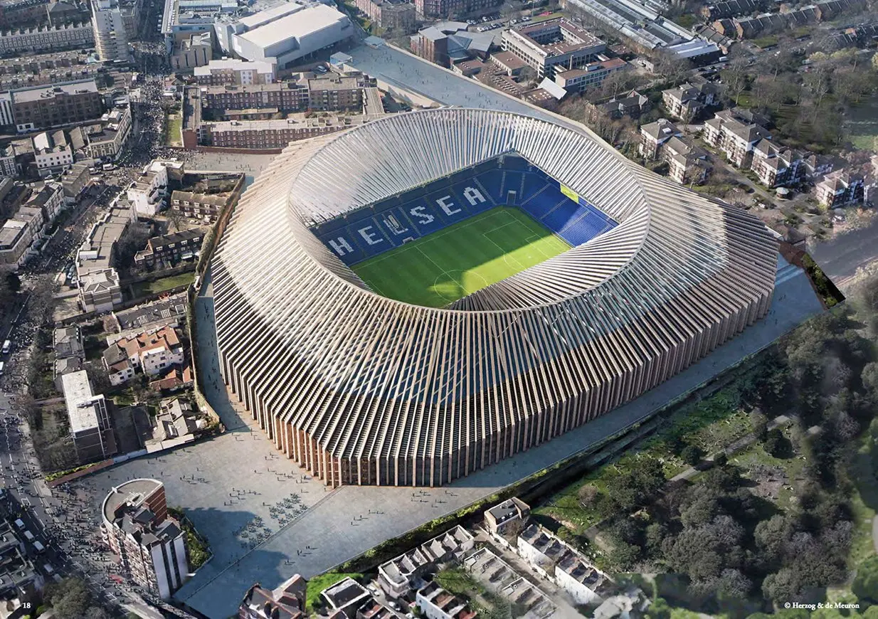 Aerial view of Stamford Bridge stadium, home of Chelsea FC, showcasing its modern design.