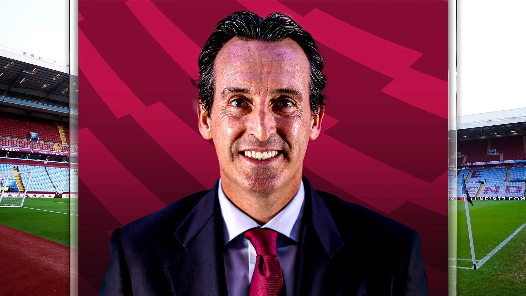 Unai Emery, manager of Aston Villa, smiling portrait with stadium background.