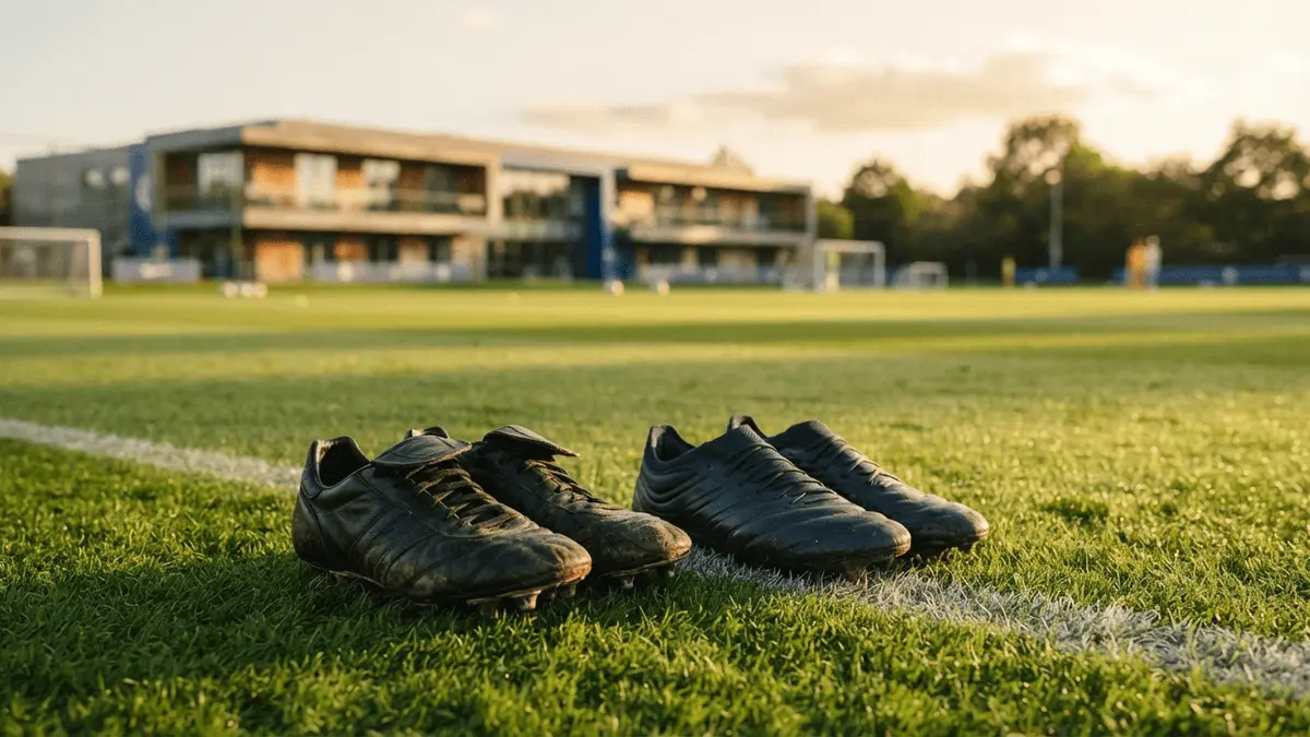 Veteran football boots on training pitch representing experienced player signings at elite club