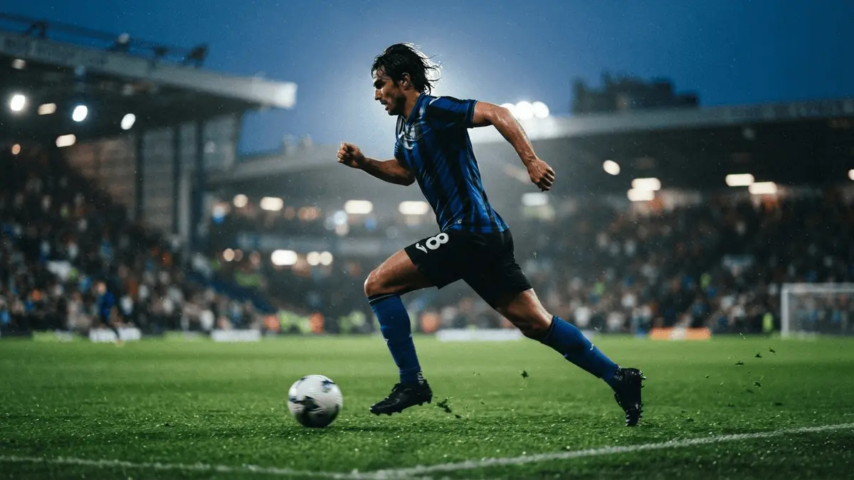 Dynamic midfielder dribbling forward on pitch with dramatic stadium lighting