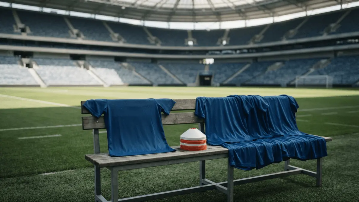 Empty football stadium bench and training kits symbolising Chelsea’s squad overhaul and selection pressure