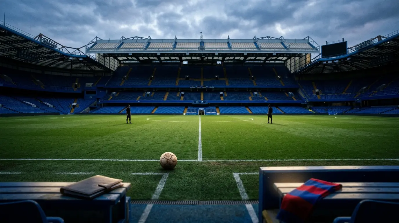 Empty football stadium midfield scene symbolizing Chelsea's uncertainty over Enzo Fernández and Alex Scott interest