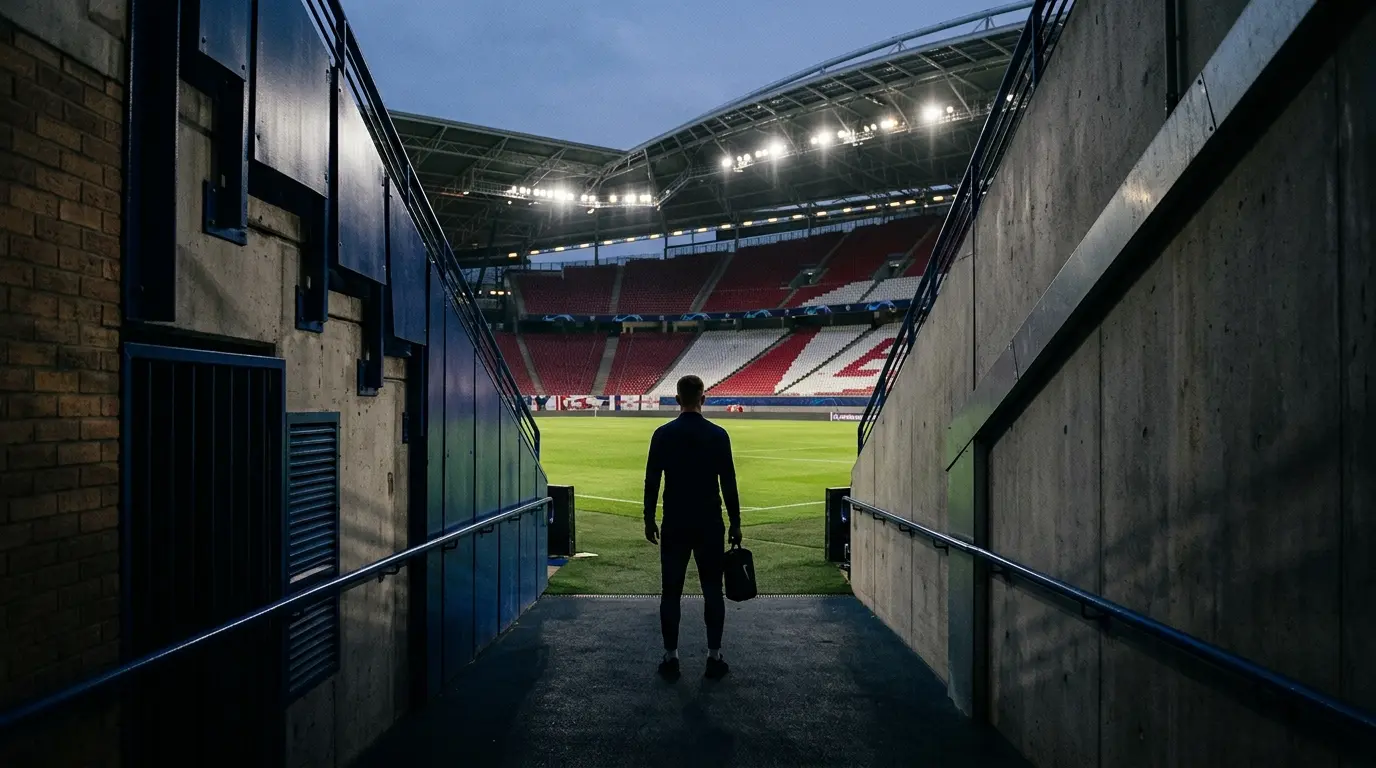 Empty stadium tunnel with blue and red accents symbolising Marc Guiu’s transfer from Chelsea to RB Leipzig