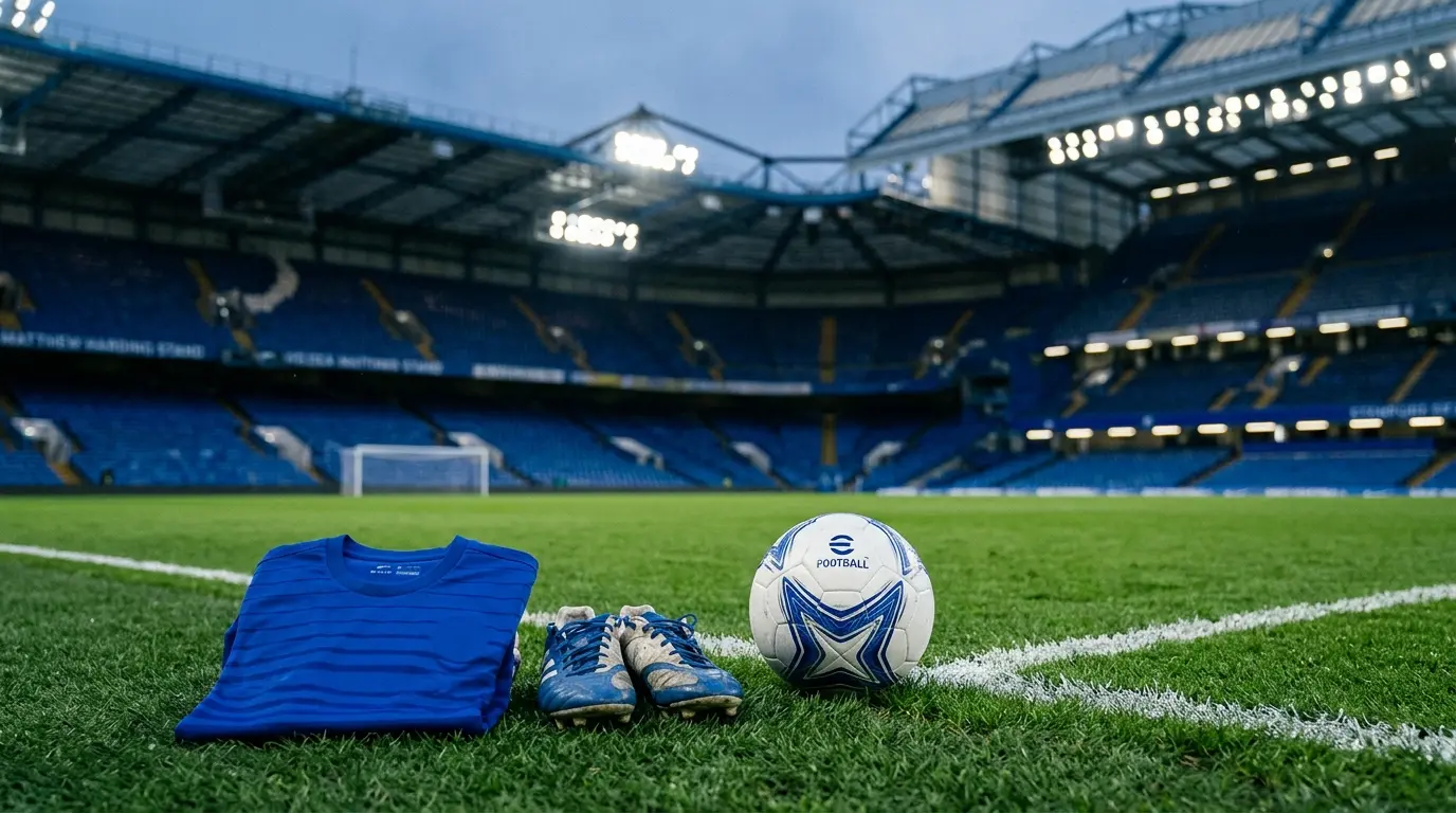 Chelsea-inspired football kit and ball at Stamford Bridge symbolising Nicolas Jackson’s transfer farewell