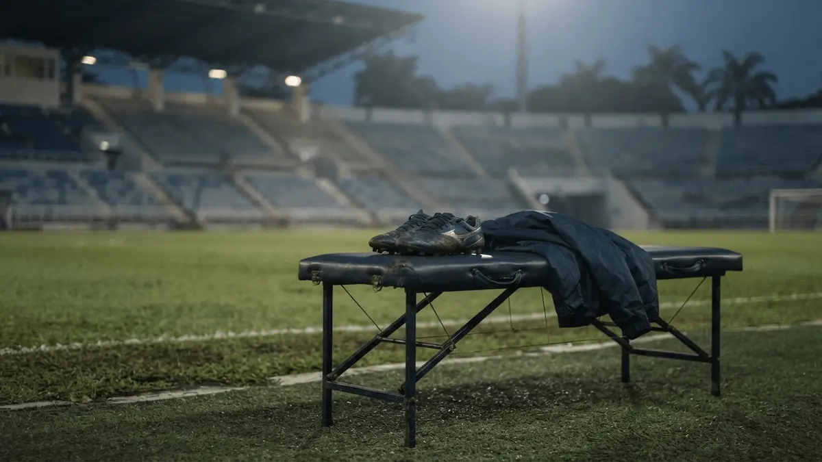 Empty football treatment bench beside a Malaysian stadium pitch after Chelsea defensive injuries