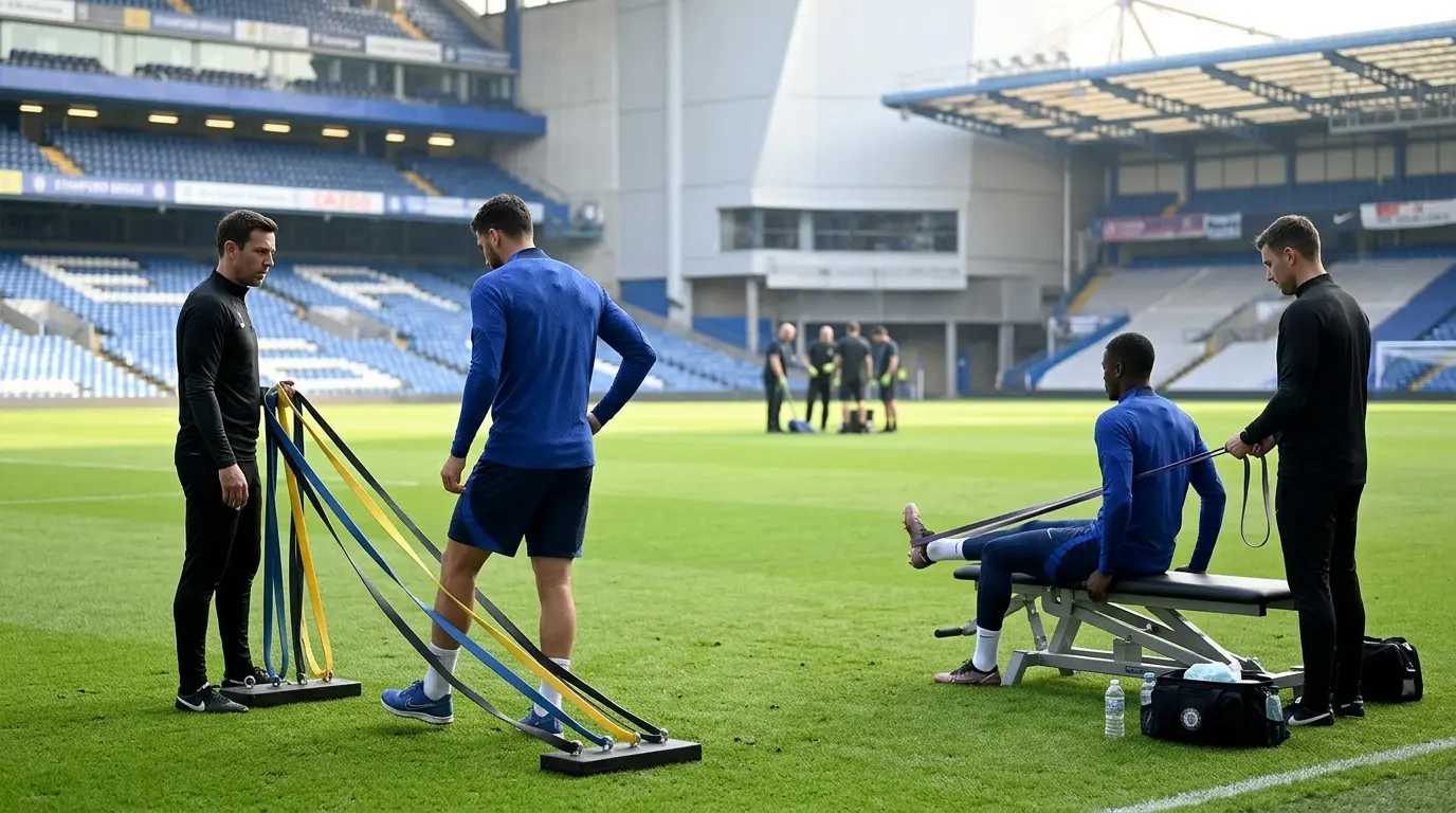 Anonymous footballers undergo careful groin and thigh injury rehabilitation in a blue training environment.