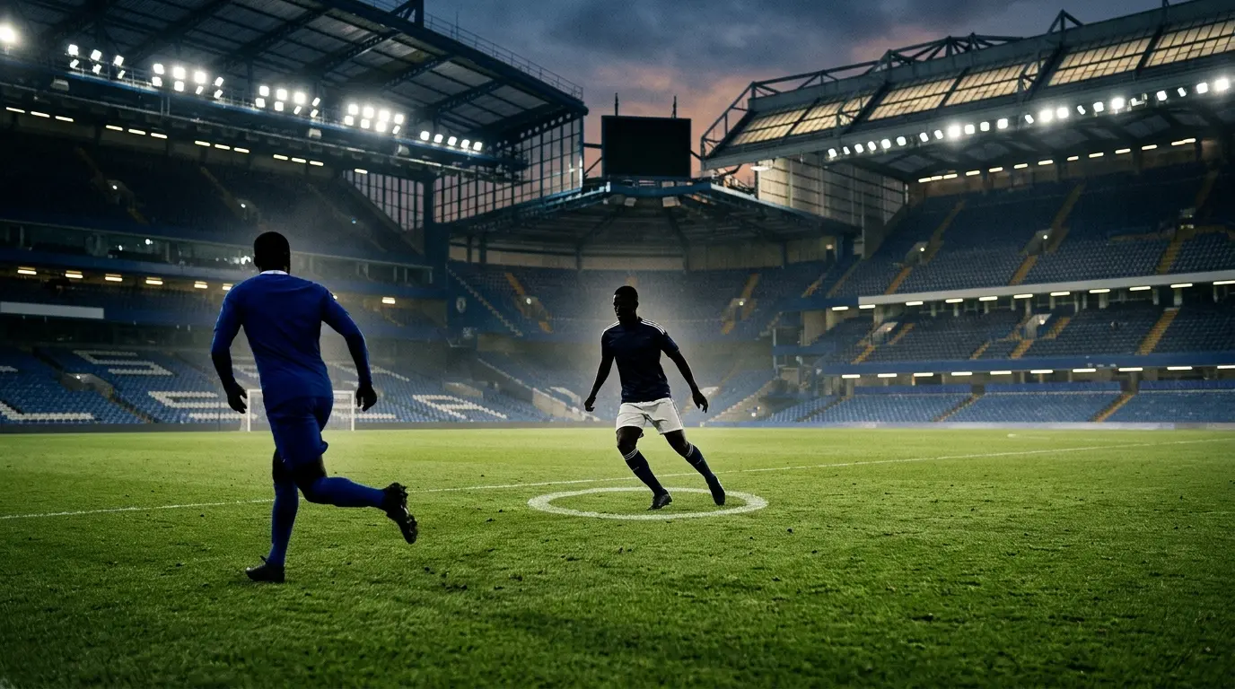 Anonymous footballers representing Chelsea and Real Madrid in a midfield transfer scenario