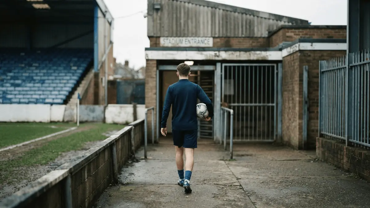 Young football midfielder approaching an English stadium before a potential loan move