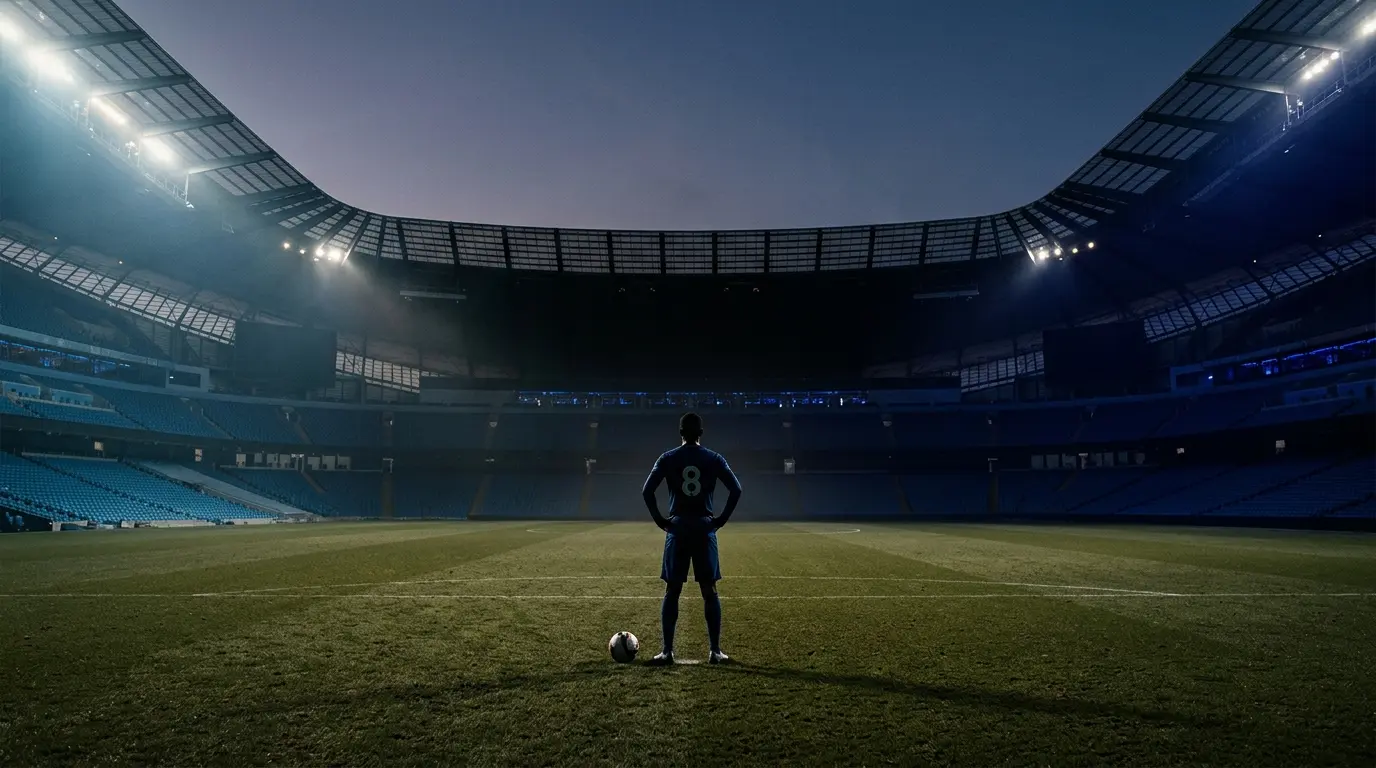 Footballer silhouette on a stadium pitch representing Chelsea and Manchester City transfer negotiations