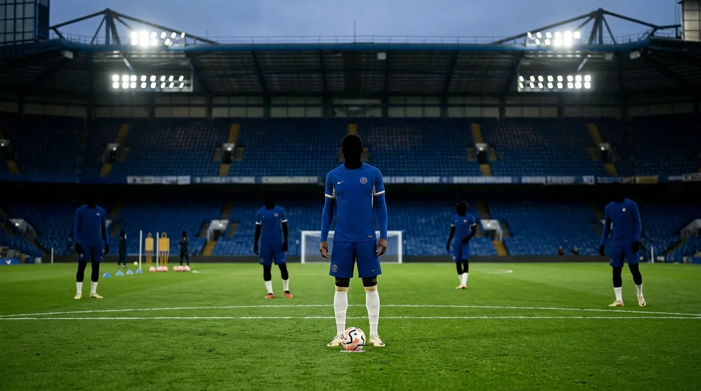 Five striker silhouettes in a Chelsea-inspired stadium representing competition for places