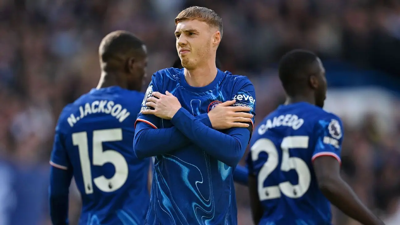 Cole Palmer performing his signature cold celebration for Chelsea FC