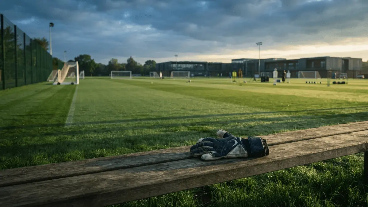 Empty Chelsea training ground at dawn with abandoned goalkeeper glove on bench