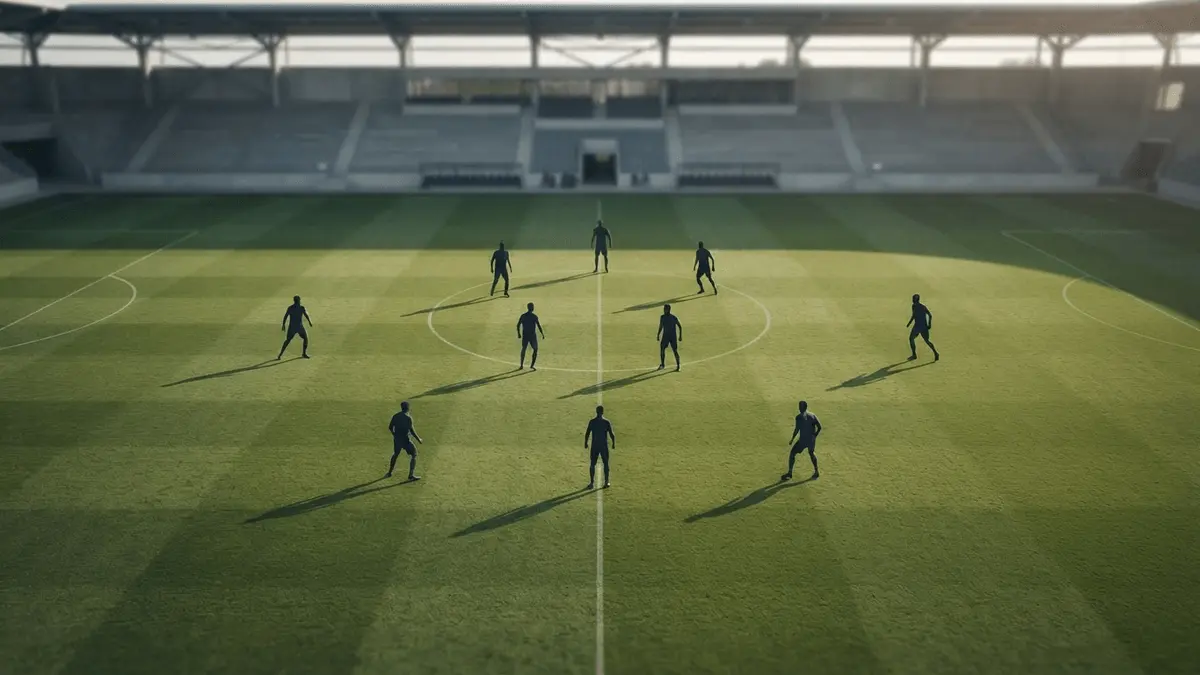 Overhead football training pitch illustrating a back-three tactical system and wide wing-back positions