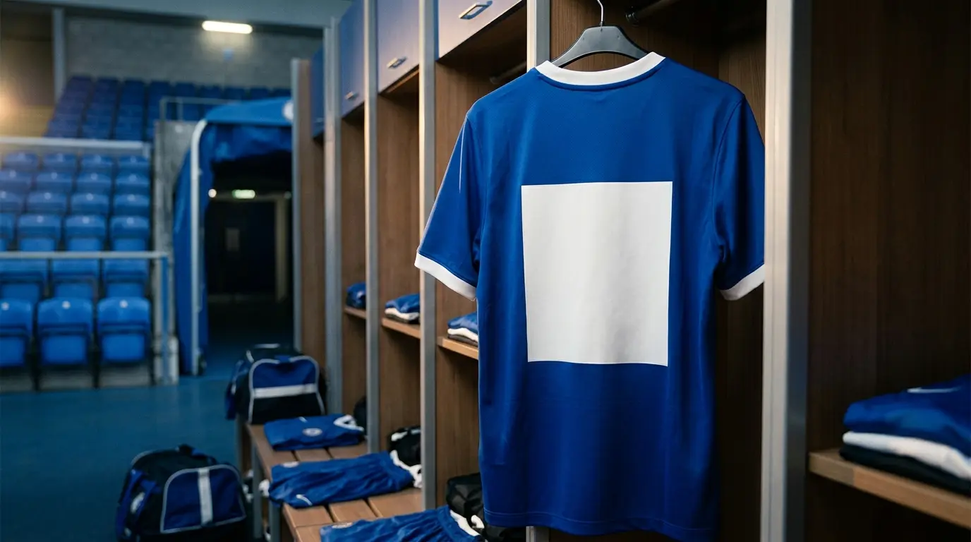 Chelsea blue football shirt in an empty stadium changing area representing squad-number changes
