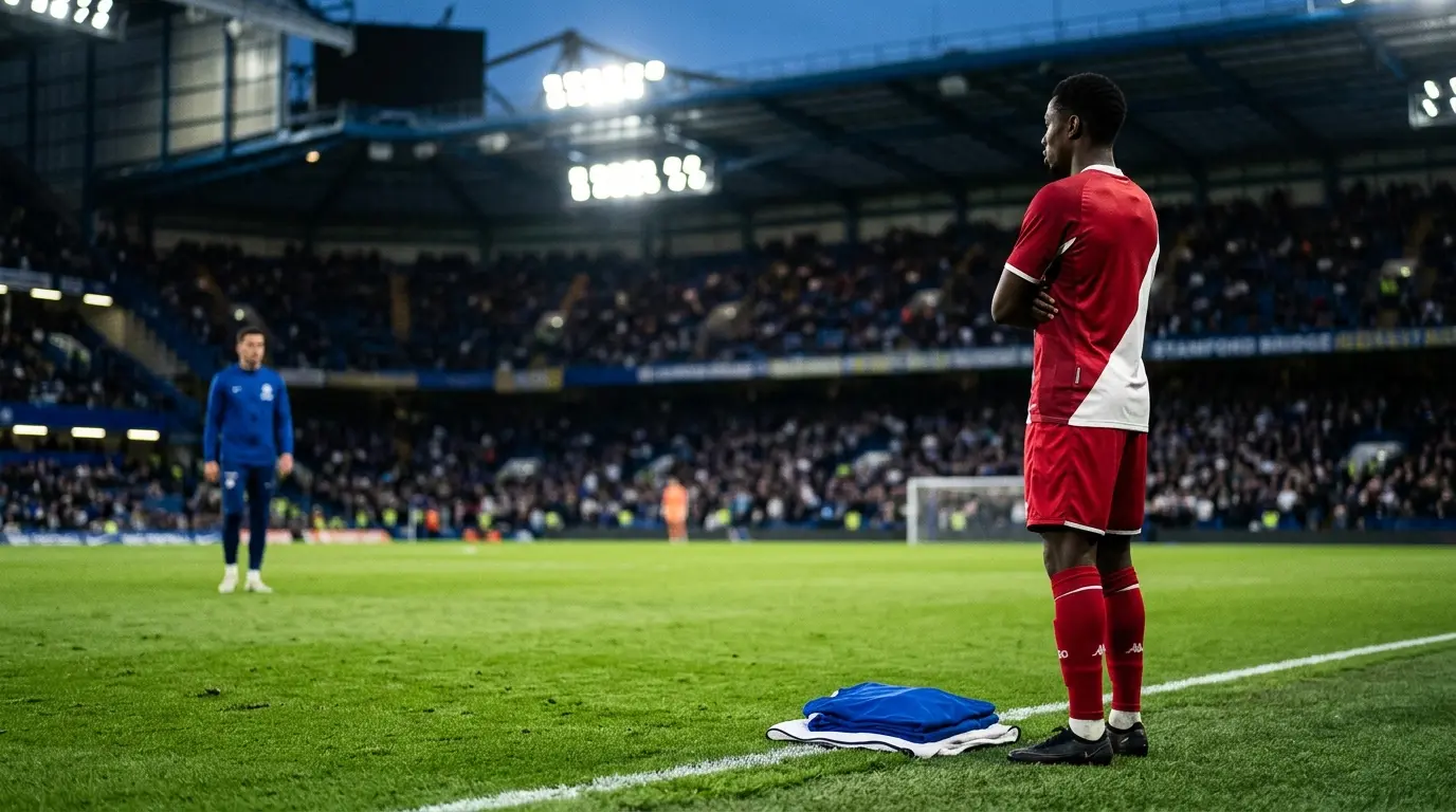 Chelsea transfer target and midfield decision represented in a tense stadium football scene