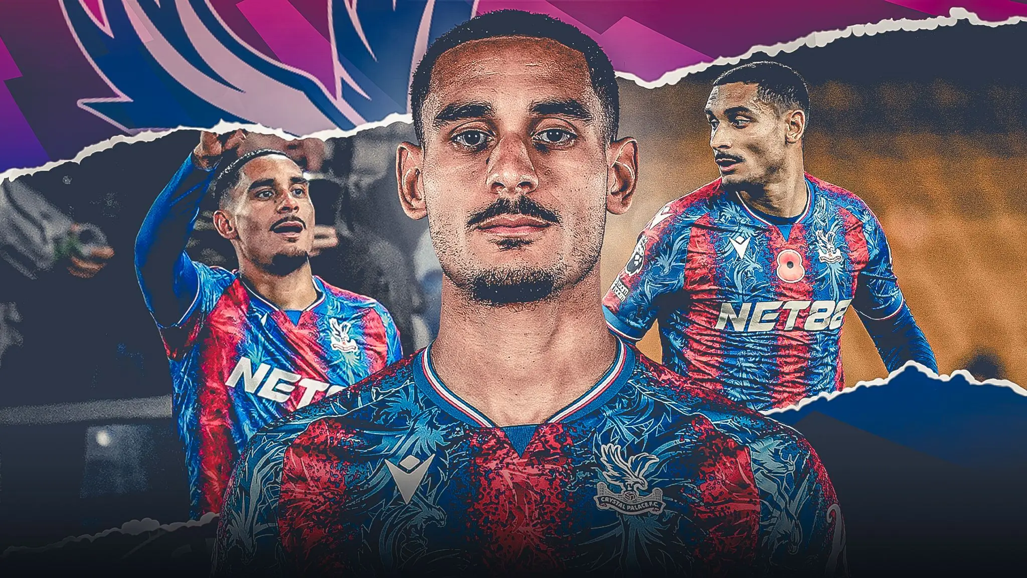 Collage of Maxence Lacroix wearing the red and blue Crystal Palace FC home kit