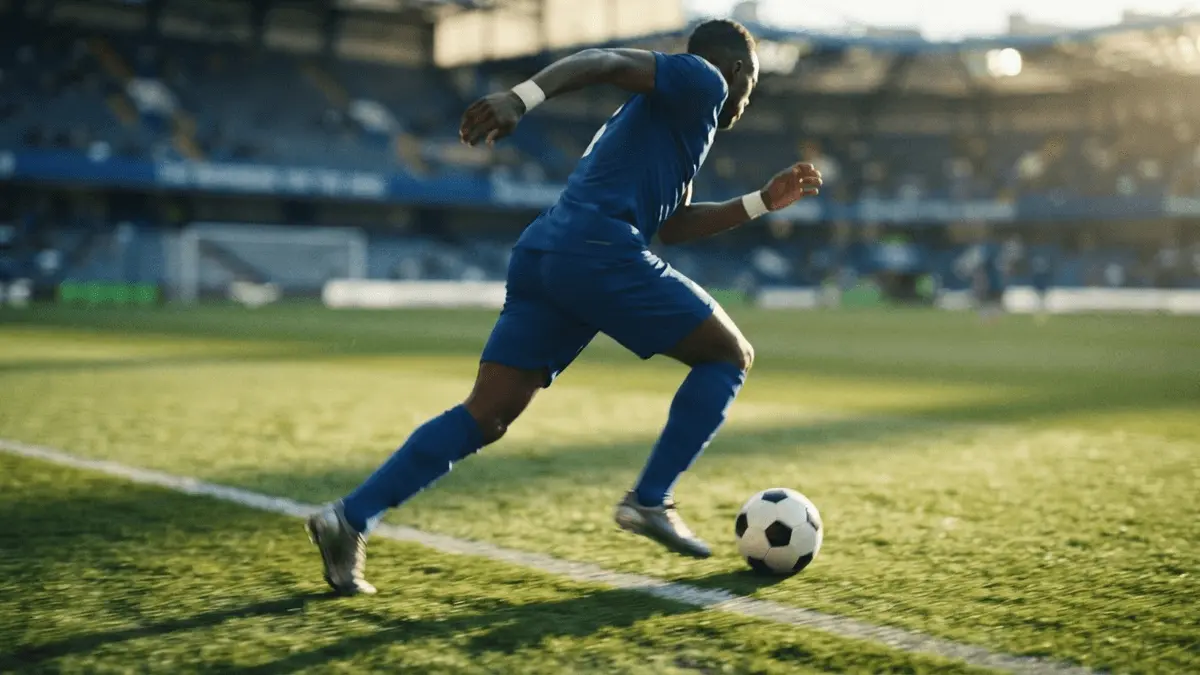 Chelsea winger sprinting with ball down touchline at Stamford Bridge in royal blue kit