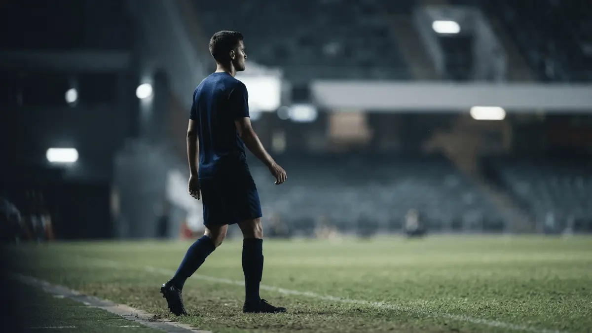 Non-identifiable football winger returning to a floodlit pitch during a Chelsea pre-season match