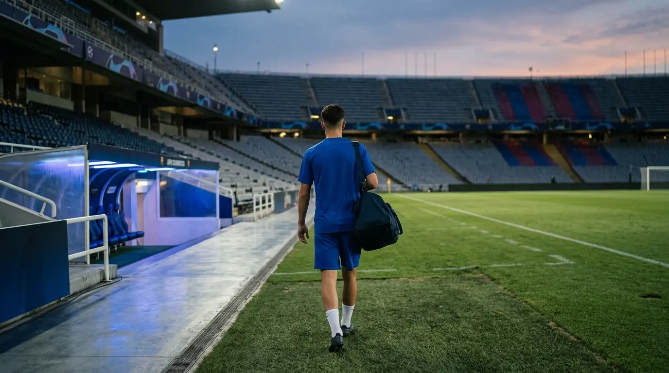Footballer leaving a blue stadium tunnel toward a new club, symbolizing Omari Kellyman’s Strasbourg transfer