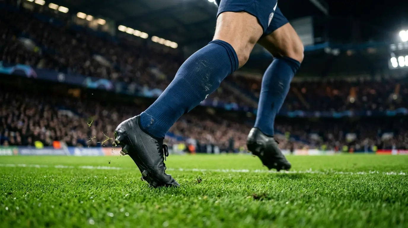 Football boots in motion on stadium turf representing left-back position signing