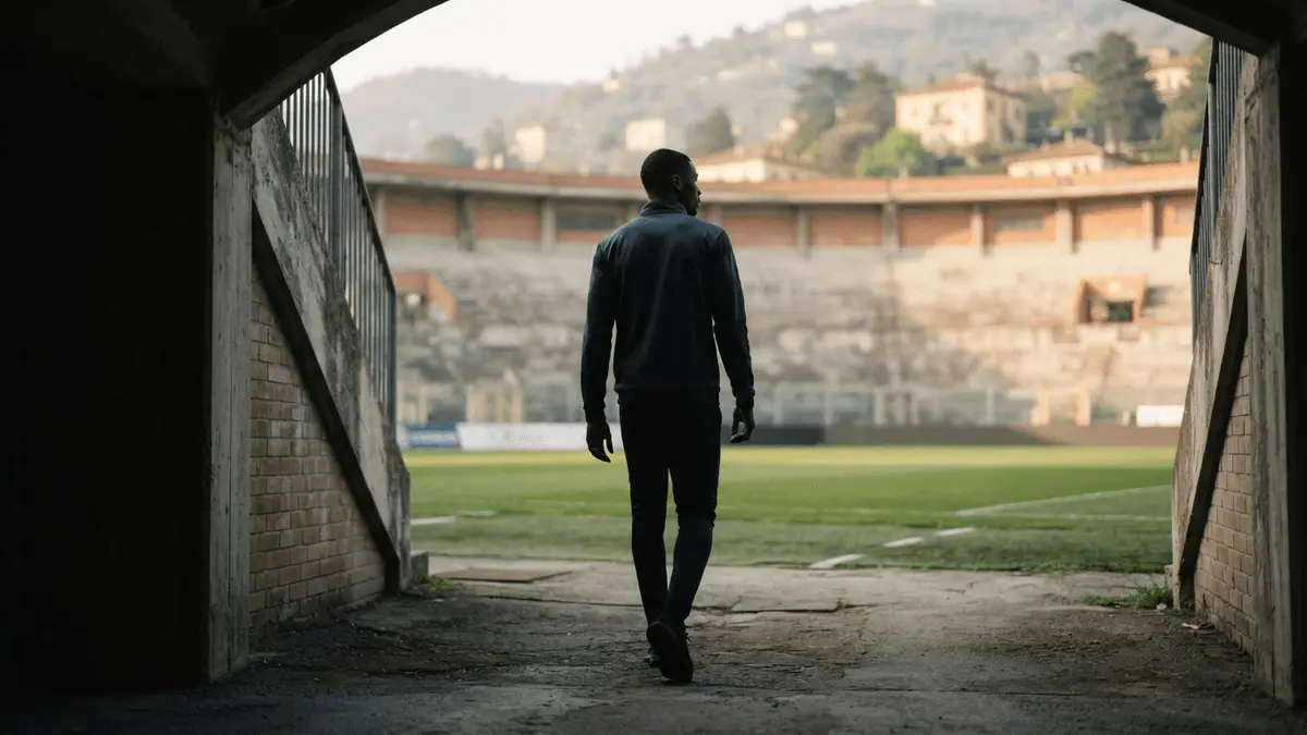Football defender walking toward a sunlit Italian stadium after leaving Chelsea for Como