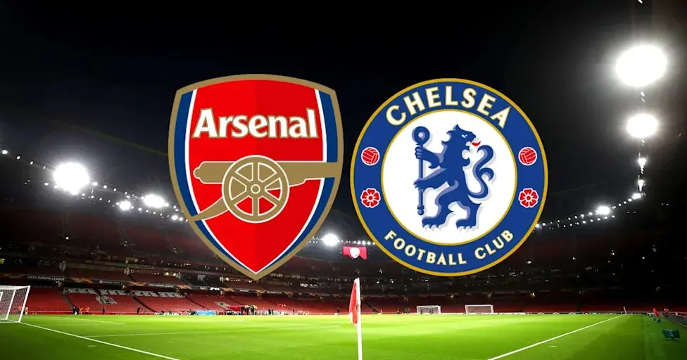 Arsenal and Chelsea FC logos overlaid on a wide shot of Emirates Stadium at night