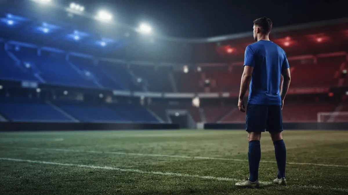 Footballer silhouetted between blue and red stadium lights symbolising the Bayern and Chelsea transfer battle
