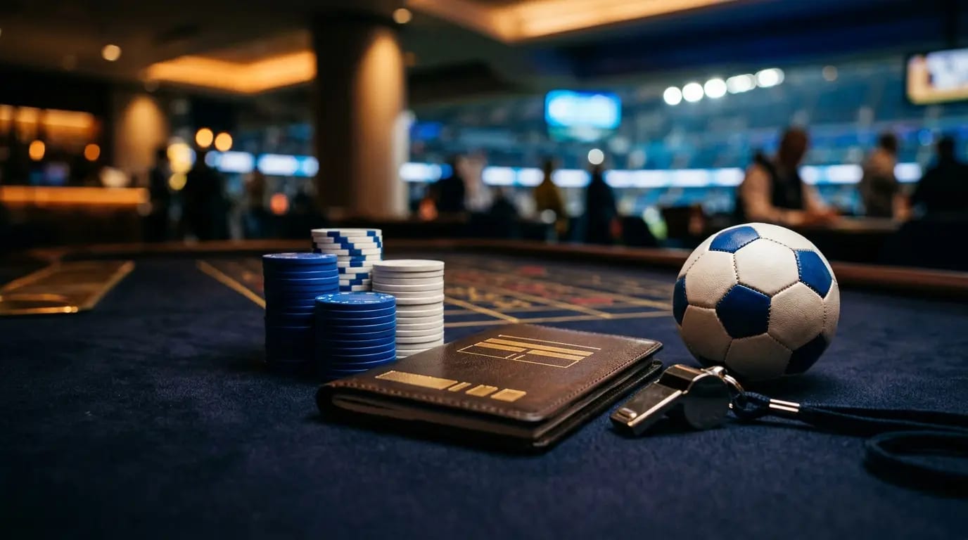 Royal blue casino chips and football on navy felt surface with stadium bokeh — best live betting sites UK 2026
