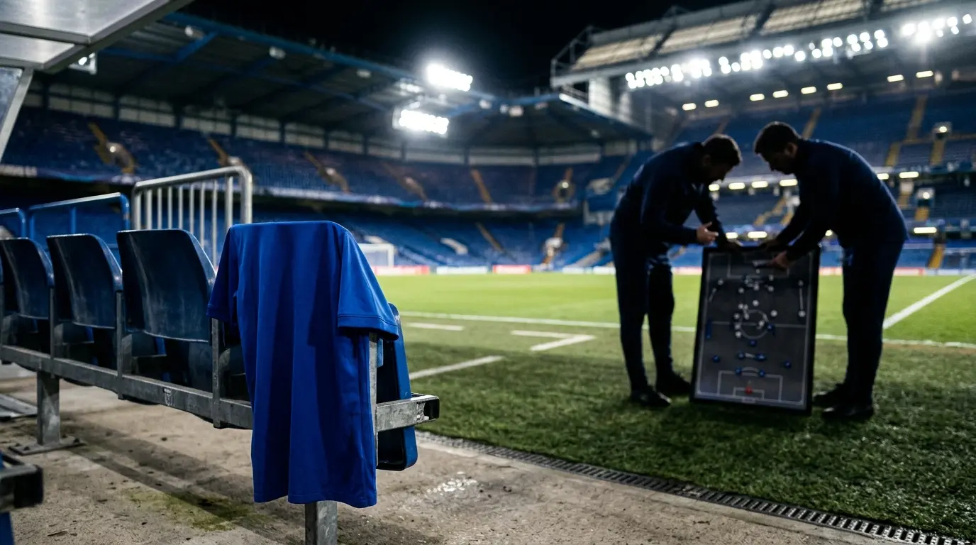 Chelsea-inspired blue shirt and tactical sideline scene symbolising midfield selection concerns before Arsenal test
