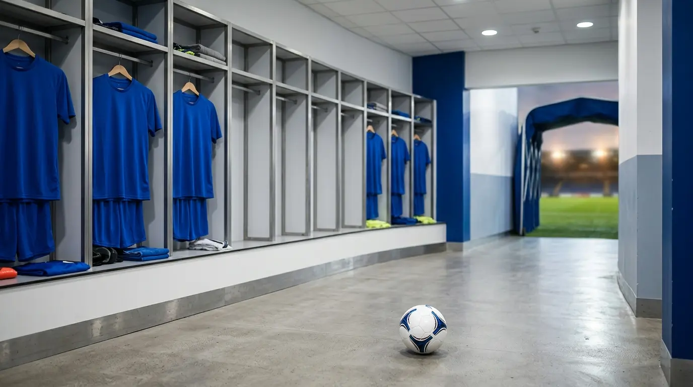 Empty blue football squad lockers representing Chelsea's five available Premier League squad places