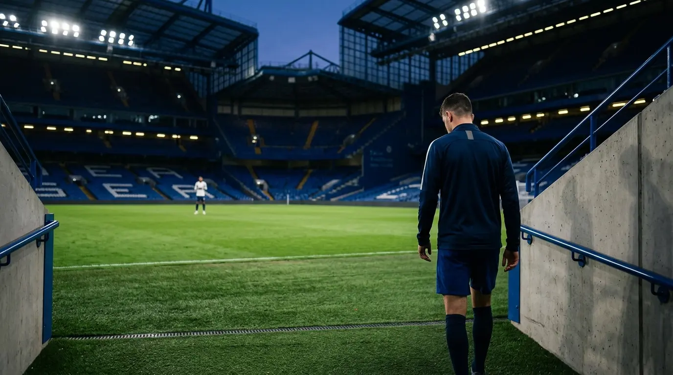 Footballer walking through a blue-lit stadium tunnel, symbolising Mudryk's Tottenham loan from Chelsea