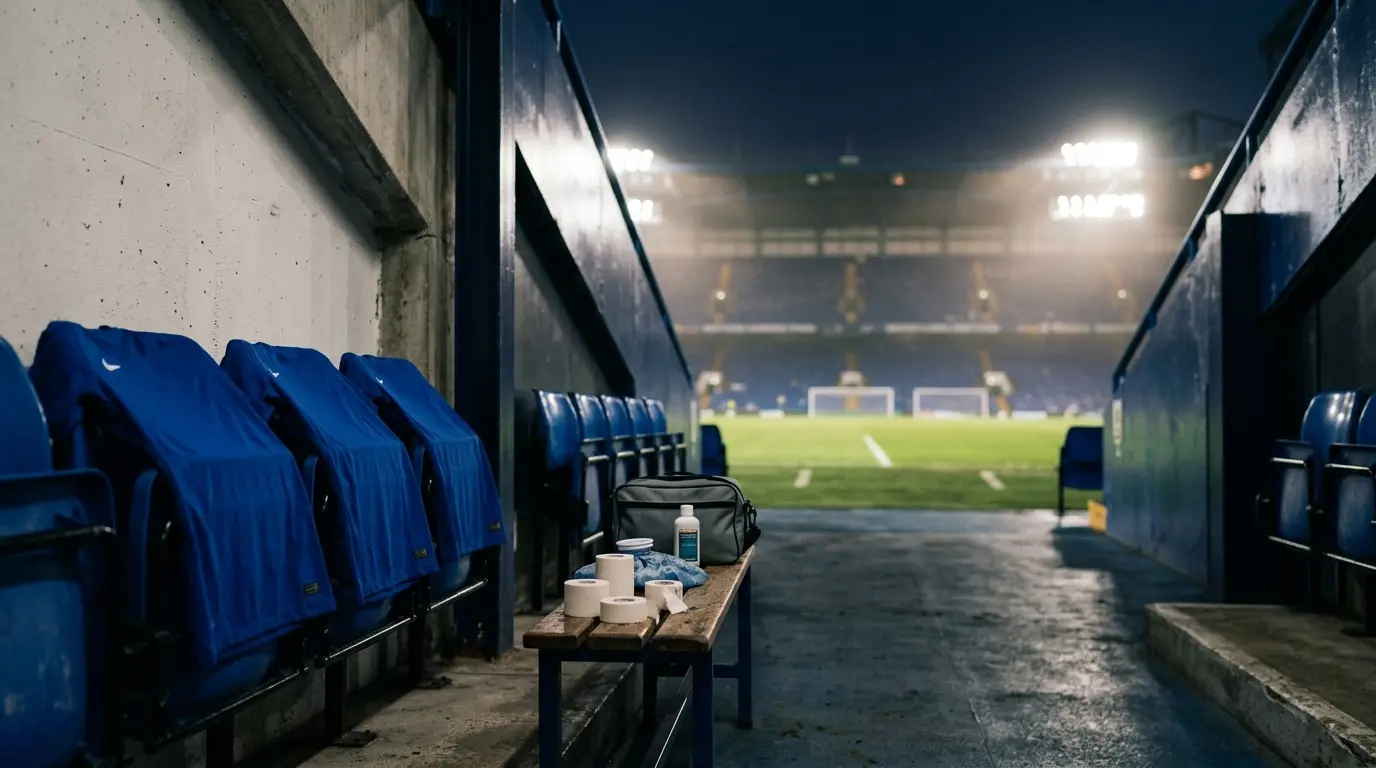 Empty Chelsea tunnel with three blue shirts symbolising players ruled out of the Leeds cup tie