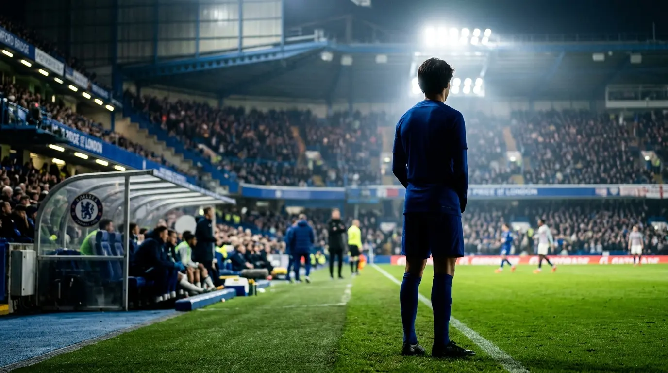 Young Chelsea-style winger watches the match from the touchline, symbolising a fight for first-team minutes.
