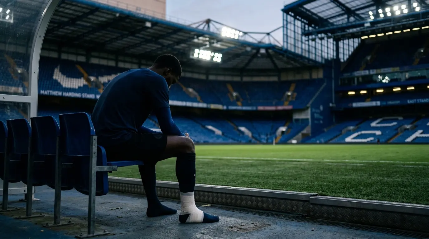 Anonymous injured footballer seated alone in a stadium ahead of Chelsea's gruelling October schedule