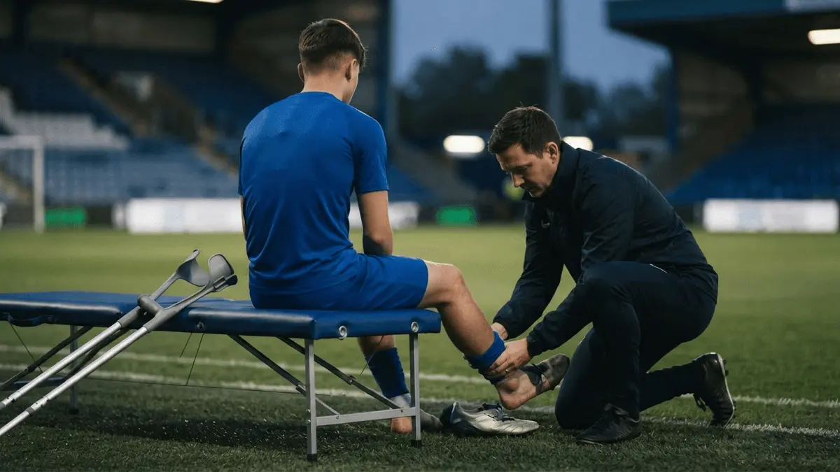 Footballer receives an ankle assessment on the sideline with crutches nearby