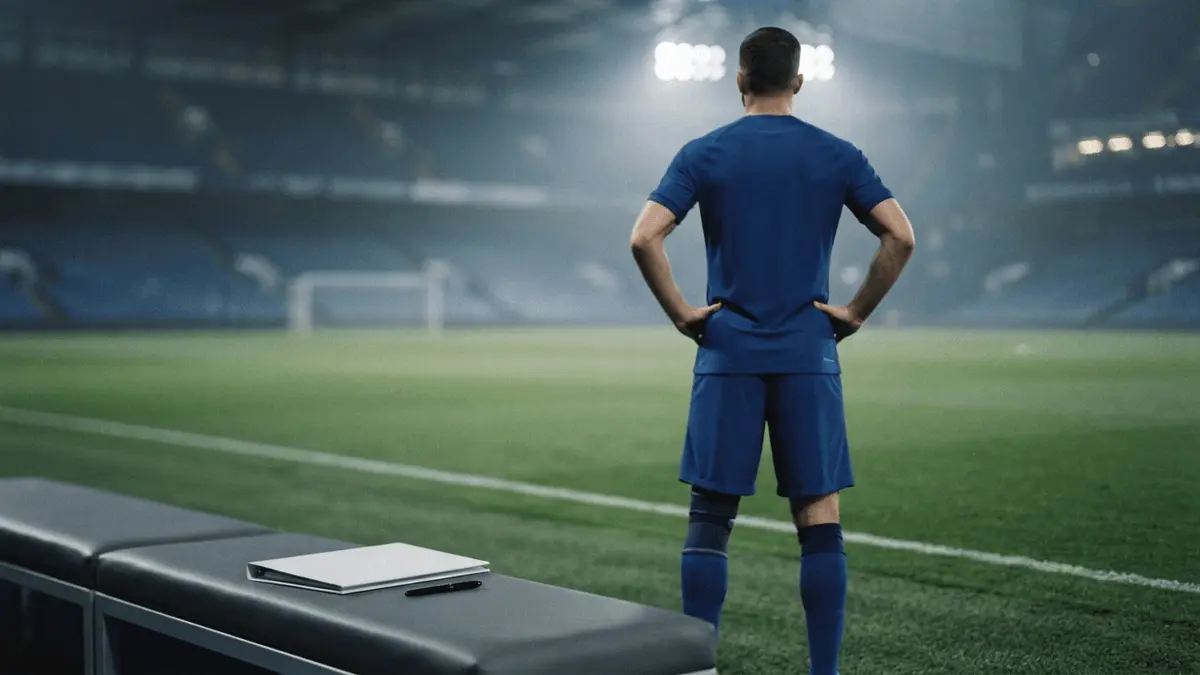 Chelsea-inspired footballer standing on the pitch beside a contract folder after a breakthrough season