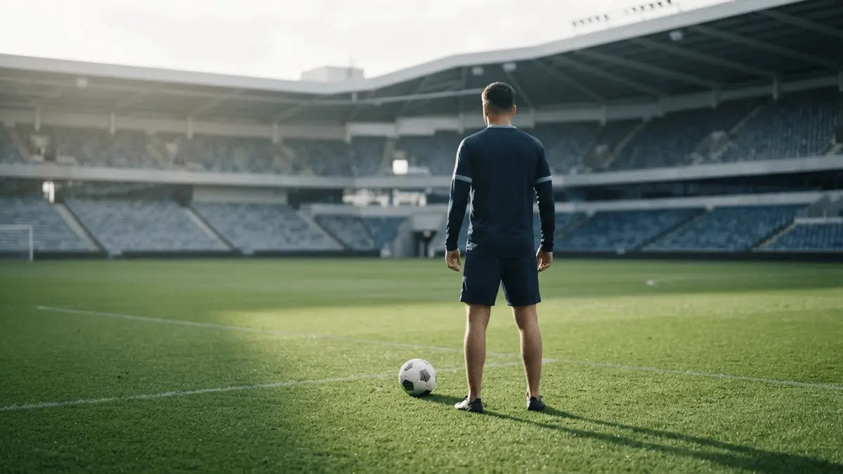 Anonymous centre-back alone on a football pitch, reflecting Chelsea's distant monitoring of Khusanov.