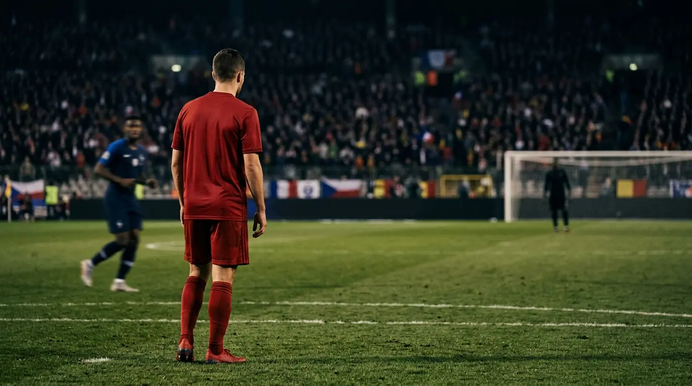 Rear view of a Belgian midfielder during a tense late international match against France