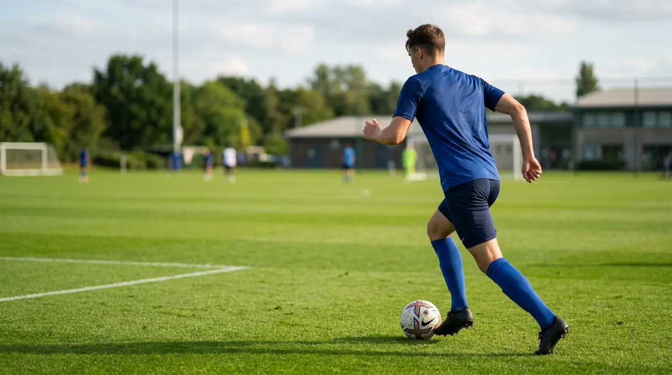 Young footballer in a royal-blue training kit during an academy trial on a football pitch