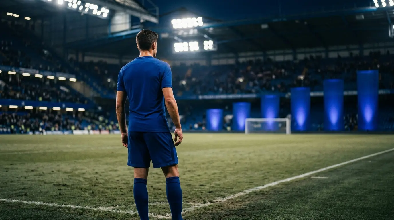 Anonymous Chelsea winger in blue facing Stamford Bridge under evening floodlights, symbolising Pedro Neto’s long-term commitment.