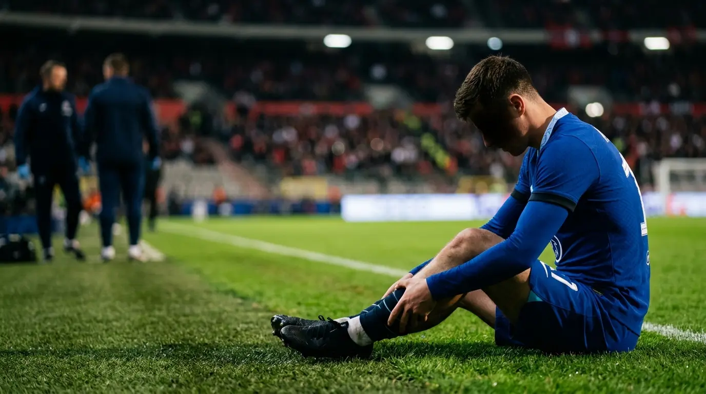 Anonymous Chelsea-blue midfielder stretches his calf under stadium lights after a Belgium match