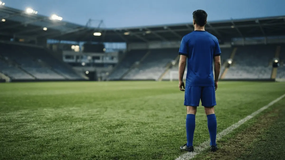 Anonymous footballer in royal blue near a stadium touchline, symbolising Chelsea's pursuit of Alex Scott.