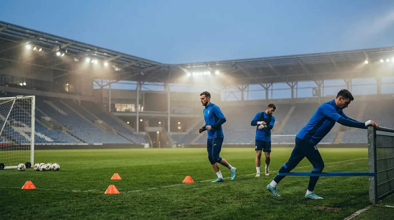 Three Chelsea players in blue training kits undergo recovery drills before the Brentford trip
