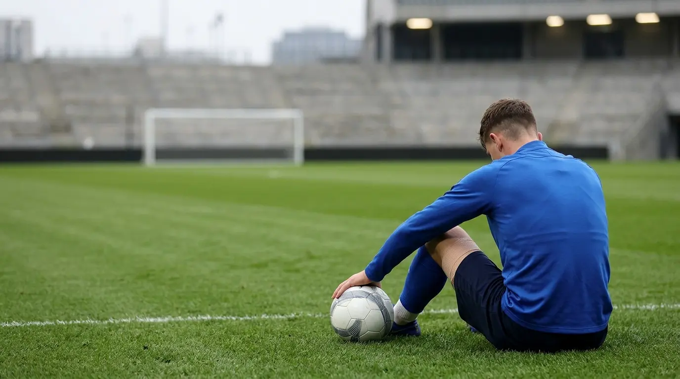 Non-identifiable footballer sits alone on a training pitch after an injury setback